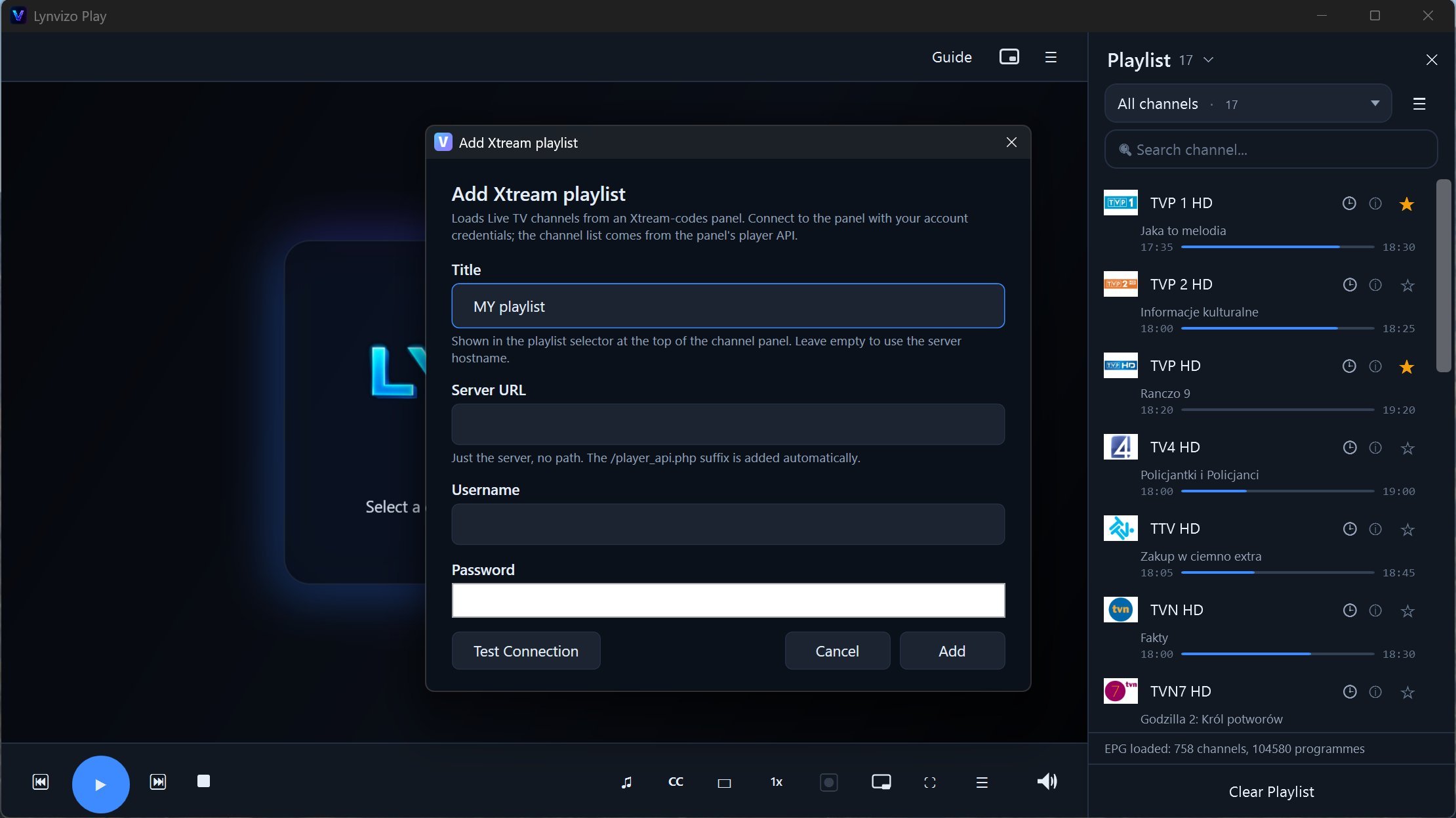 Add Xtream playlist dialog