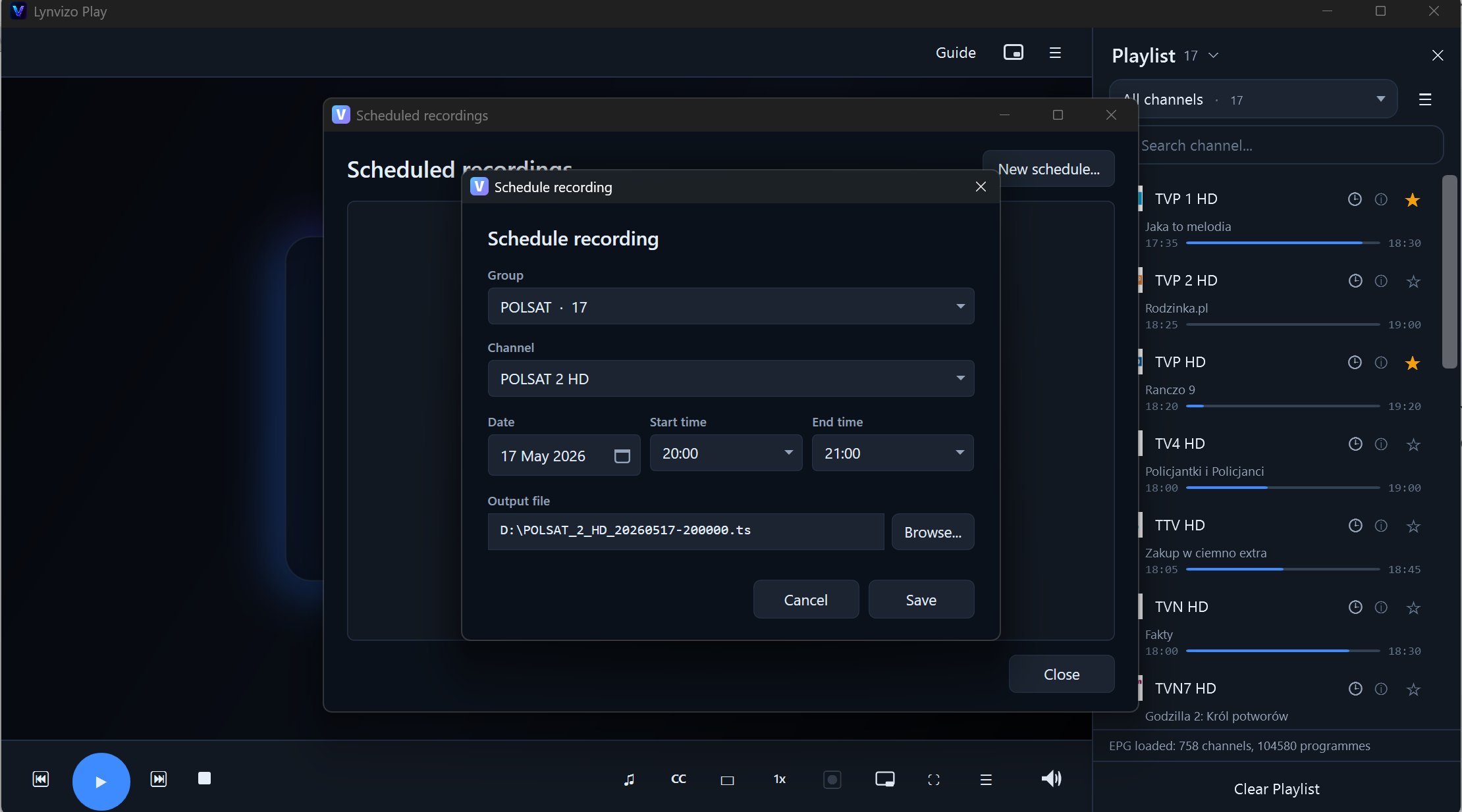 Scheduled recording dialog