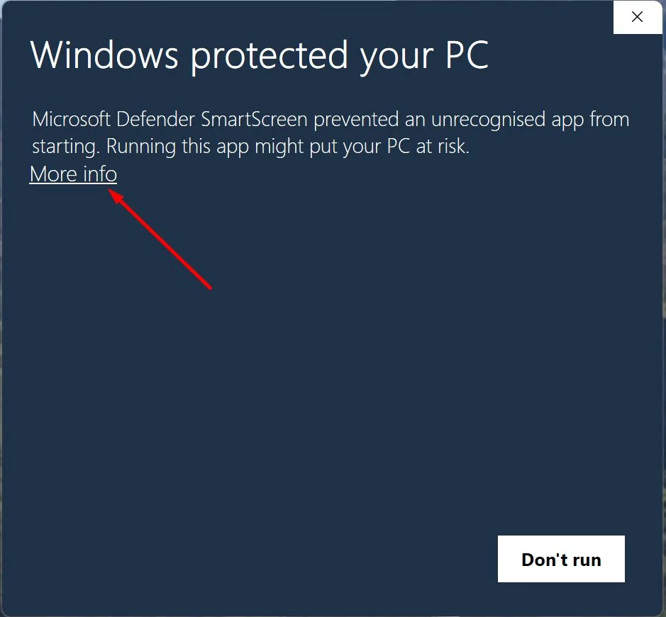 Windows SmartScreen dialog highlighting the More info link at the top left