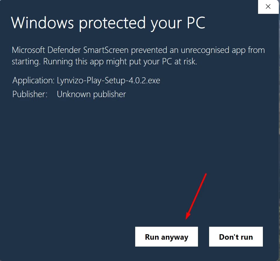 Windows SmartScreen dialog after More info click, showing the Run anyway button at the bottom